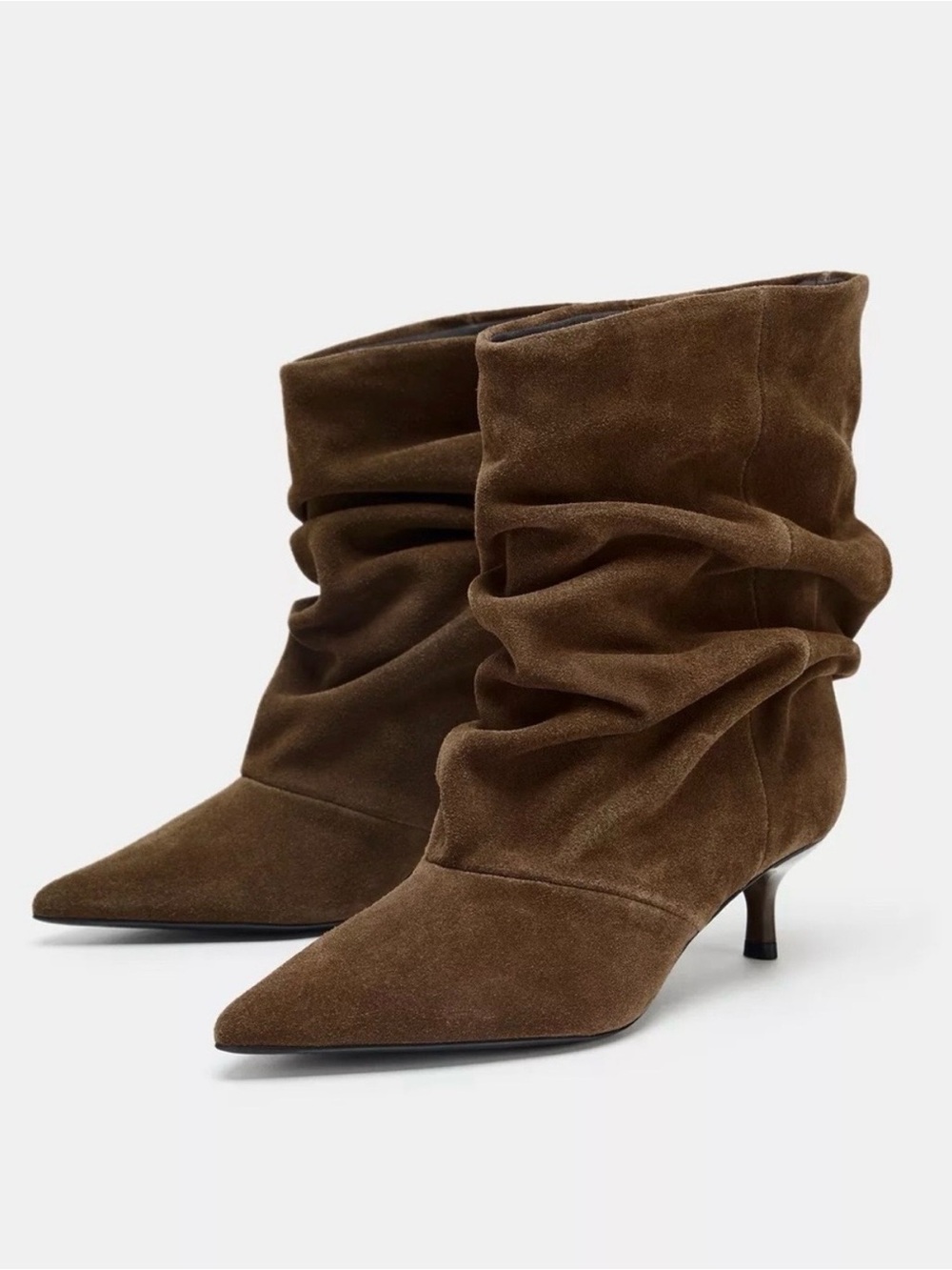 Zara Brown Suede Slouch Pointed-Toe Kitten Heel Ankle Boots